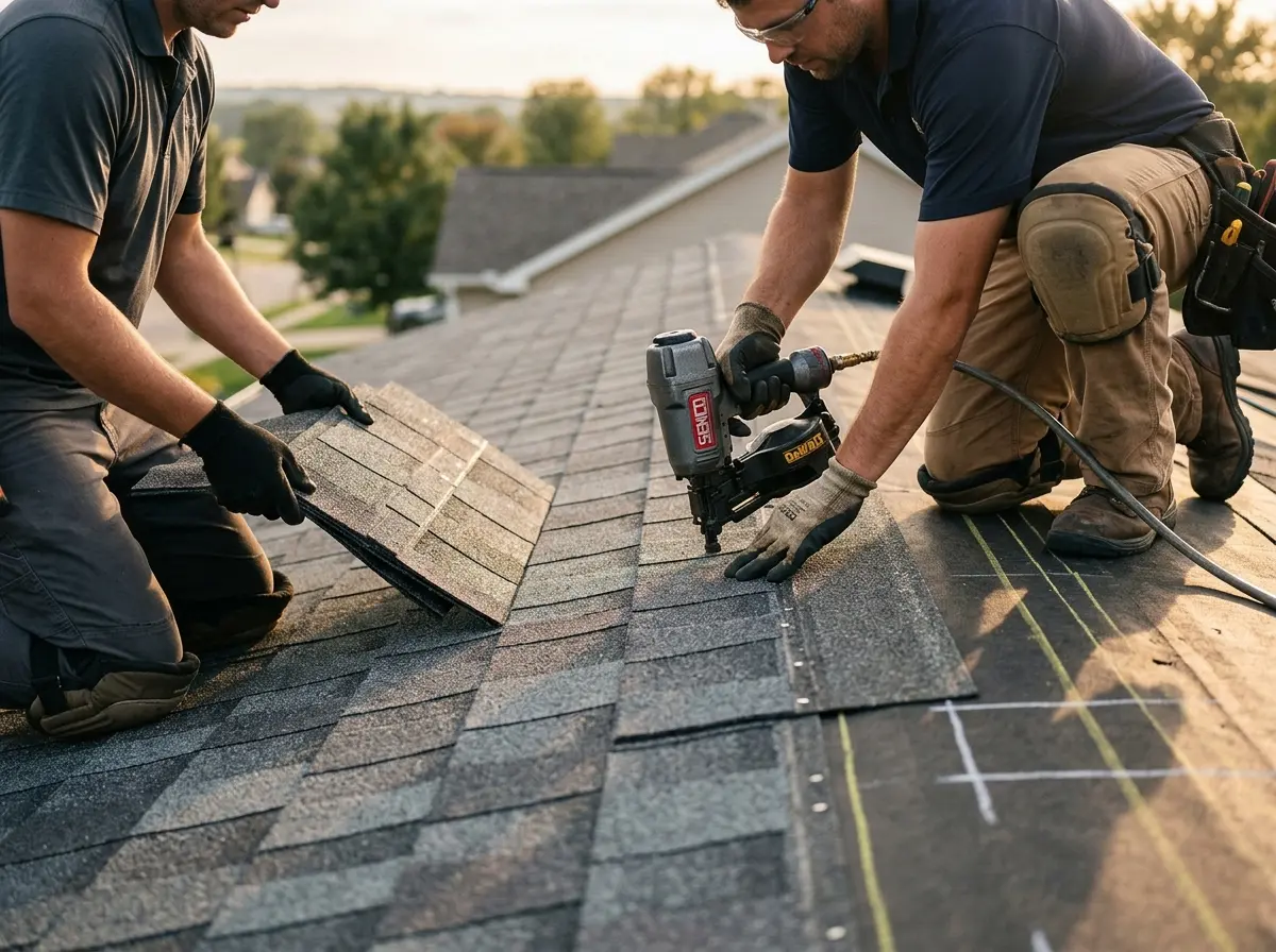 Professional roofer working on a residential roof in Independent Hill